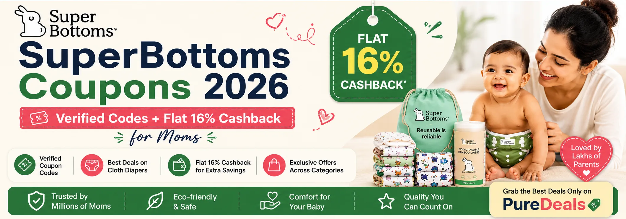 SuperBottoms Coupons 2026: Verified Codes + Flat 16% Cashback for Moms
